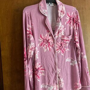 Shimera Pink Flowers Print Stretch Button Down Pajama Top Has Pants in Separate